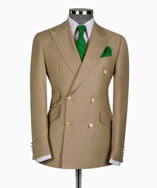 Beige double-breasted suit jacket with green tie and pocket square on a mannequin against a white background