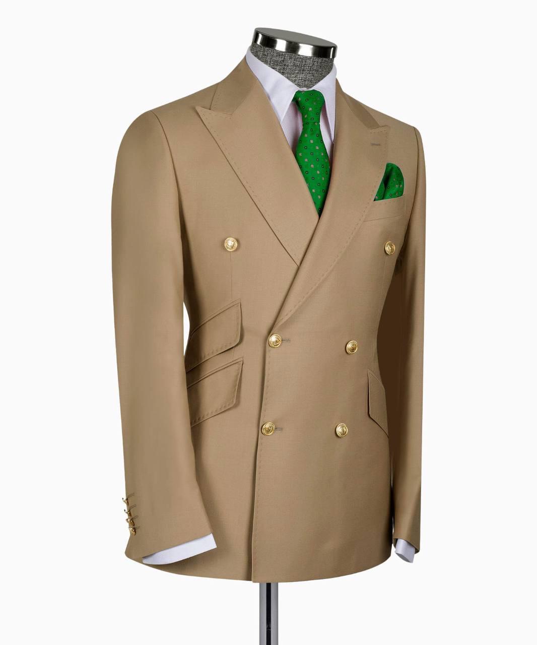 Beige suit jacket with gold buttons on a mannequin against a white background