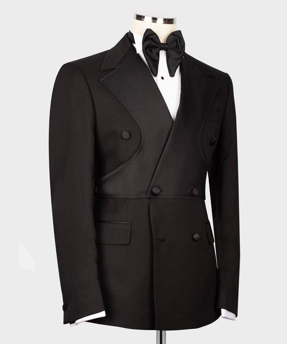 Black tuxedo jacket on a mannequin with a white background