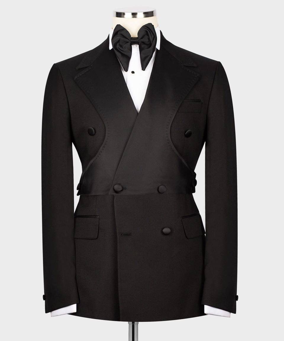 Black tuxedo jacket with bow tie on a mannequin against a white background