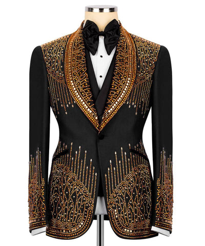 Black tuxedo jacket with gold embellishments on a mannequin against a white background