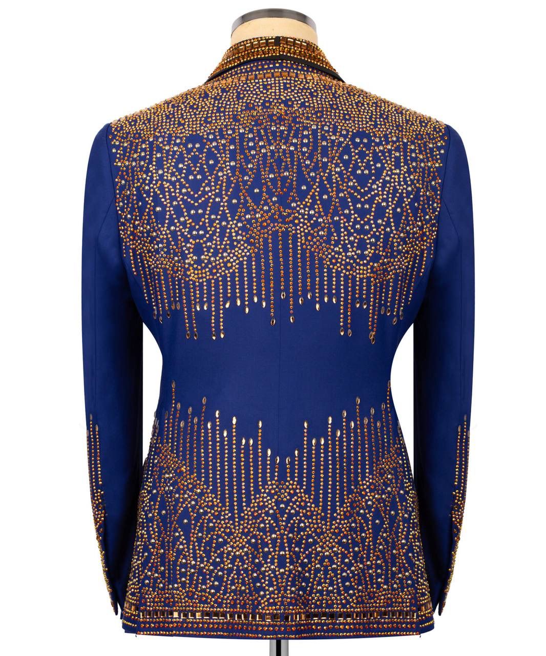 Blue jacket with gold bead embellishments on a mannequin against a white background