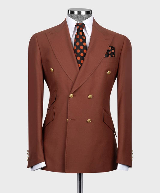 Brown double-breasted suit jacket on a mannequin with a white shirt and patterned tie.