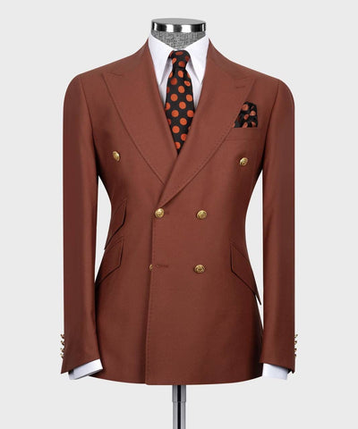 Brown double-breasted suit jacket on a mannequin with a white shirt and patterned tie.