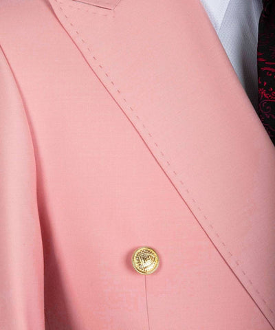 Close-up of a pink blazer with a gold button.
