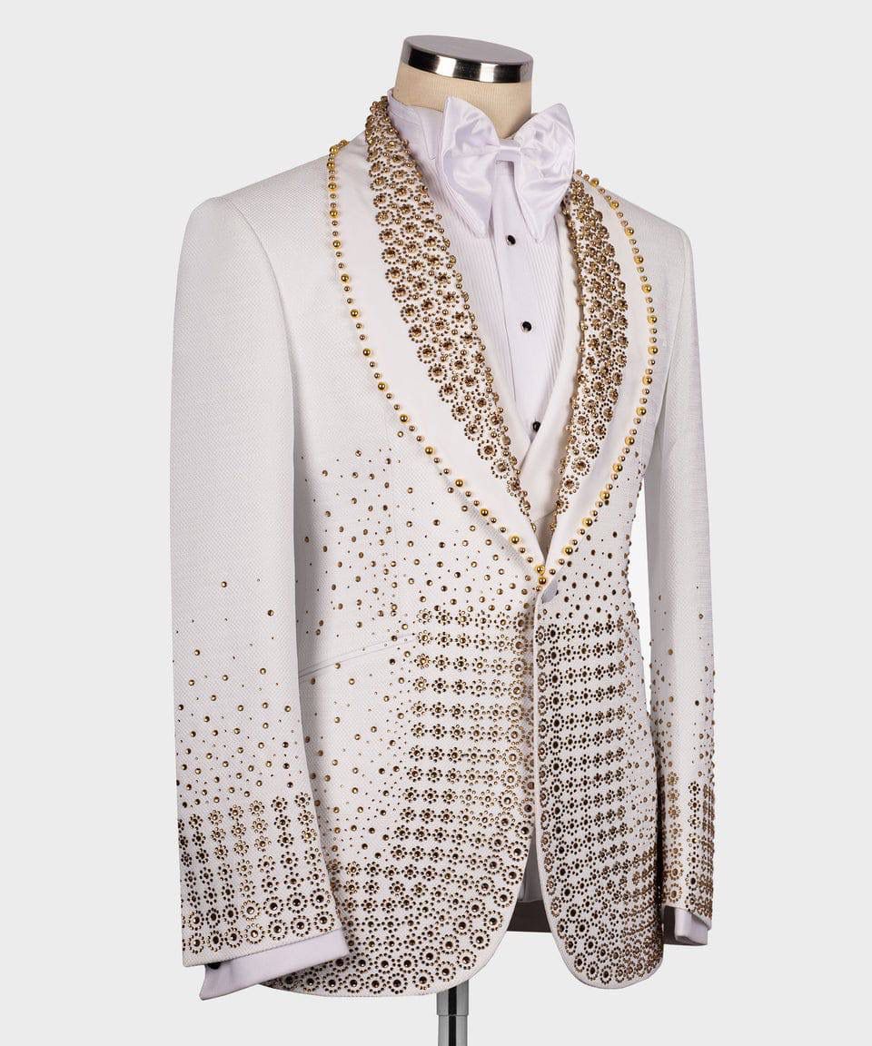 Elegant reddish-grey blazer with intricate gold patterns 
