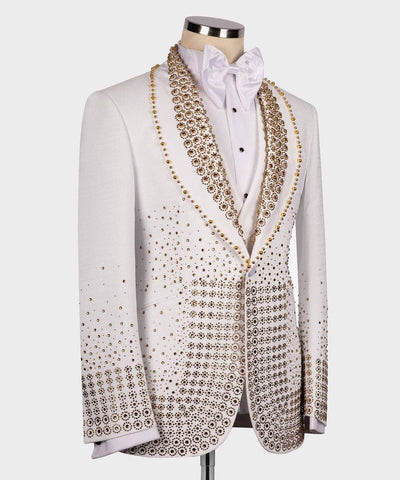 Elegant reddish-grey blazer with intricate gold patterns 