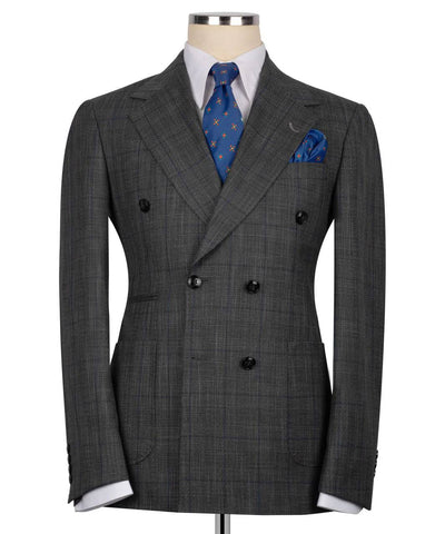 Gray double-breasted suit jacket with a blue tie and pocket square