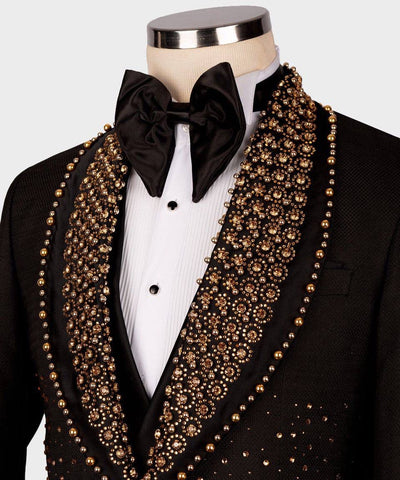 Majesty Boutique Black tuxedo with gold embellishments and a black bow 