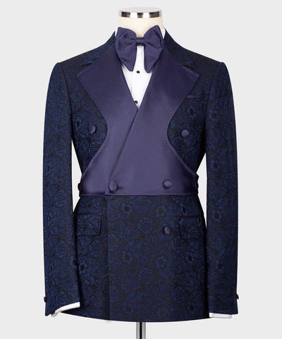 Navy blue formal suit with matching bow tie on a mannequin against a white background