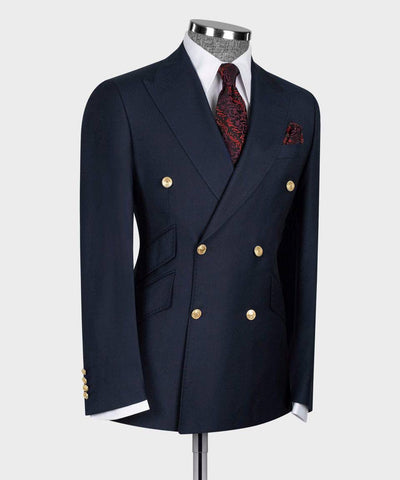 Navy double-breasted suit jacket with gold buttons on a mannequin against a white background