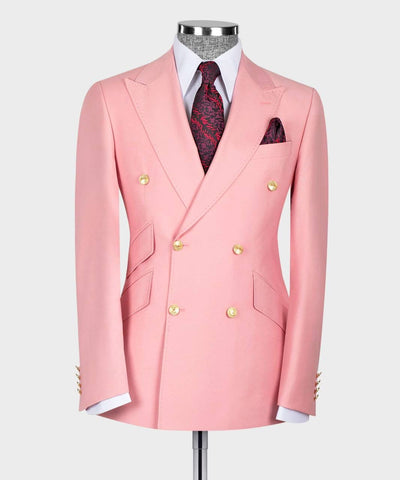 Pink suit jacket with gold buttons on a mannequin against a white background