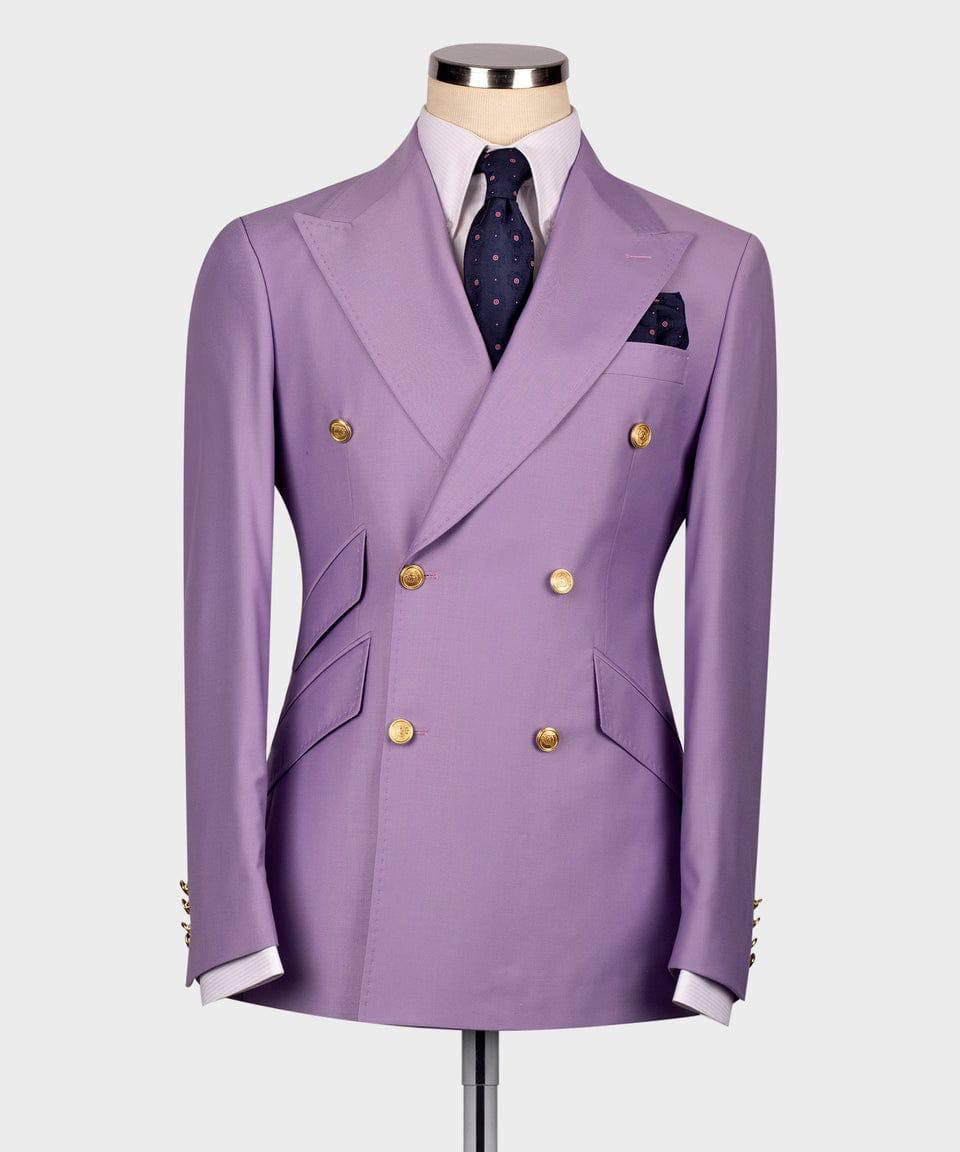 Purple double-breasted suit jacket on a mannequin against a white background