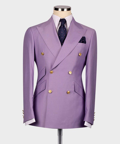 Purple double-breasted suit jacket on a mannequin against a white background