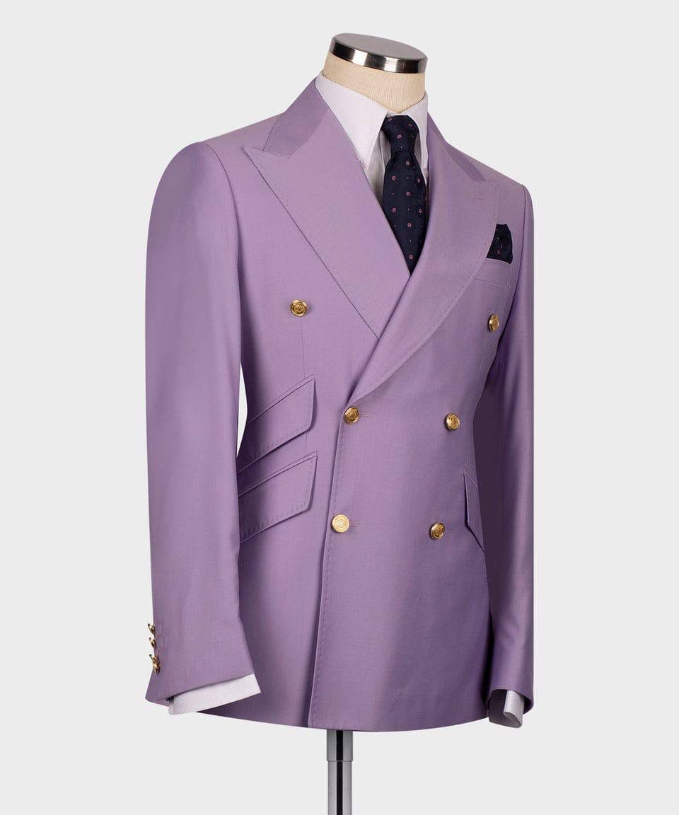 Purple double-breasted suit jacket on a mannequin with a white background
