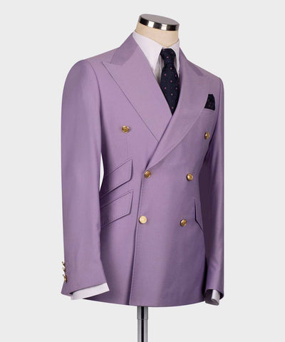 Purple double-breasted suit jacket on a mannequin with a white background