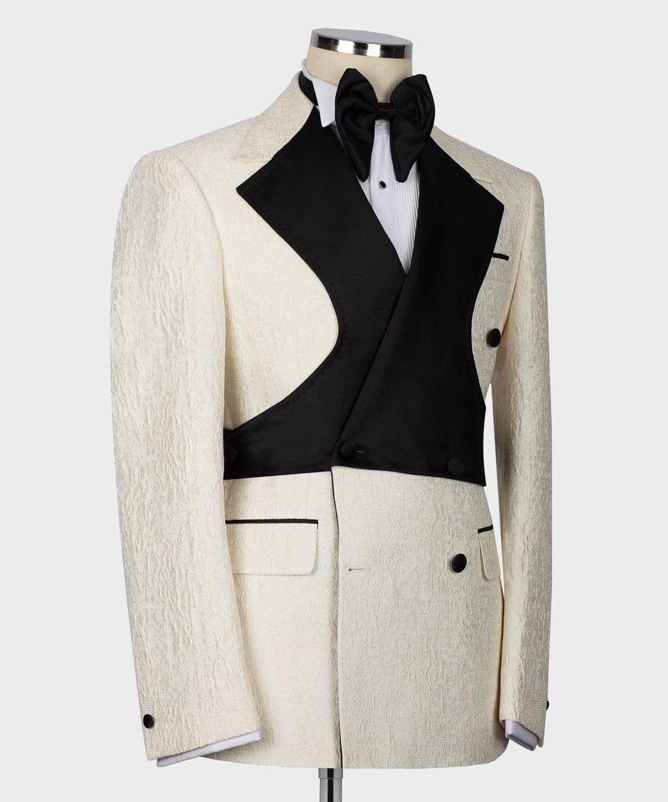 Tuxedo with black lapels on a mannequin against a white background