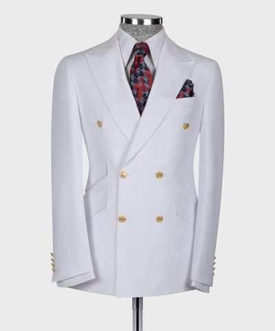 White double-breasted suit jacket with gold buttons on a mannequin against a white background