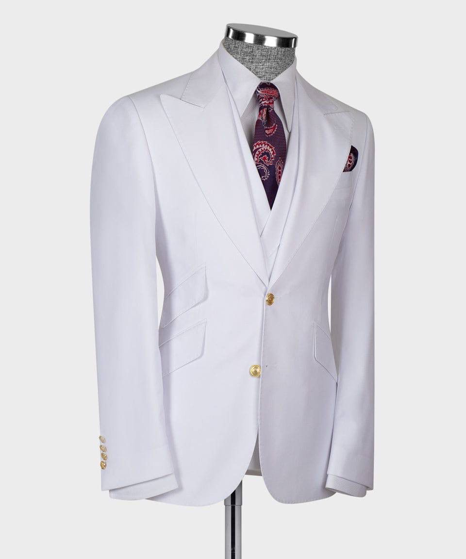 White suit jacket with a patterned tie on a mannequin against a white background