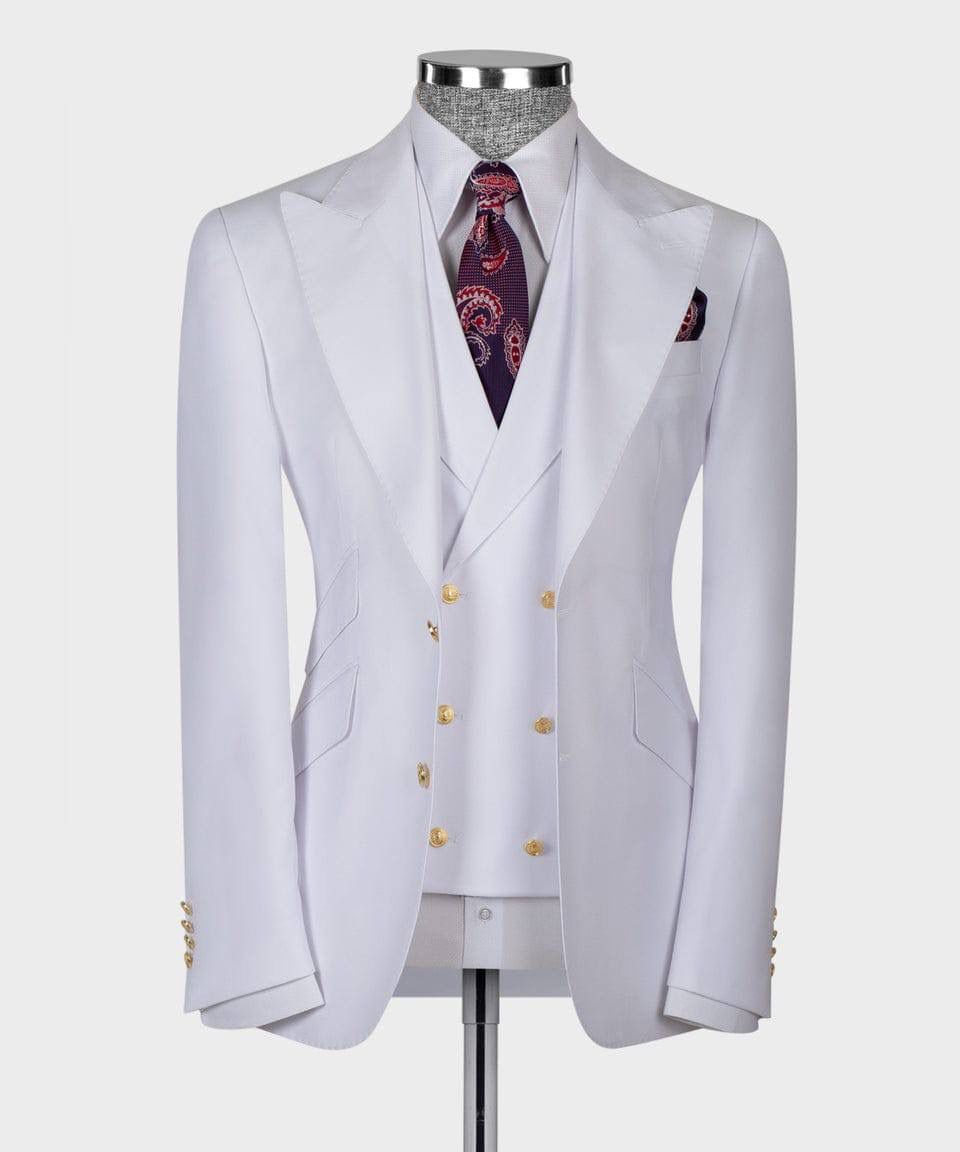 White suit jacket with gold buttons on a mannequin against a white background