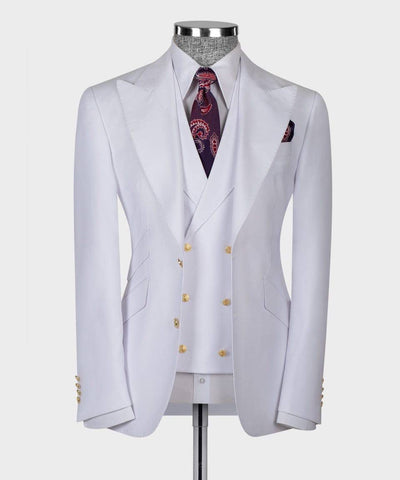 White suit jacket with gold buttons on a mannequin against a white background