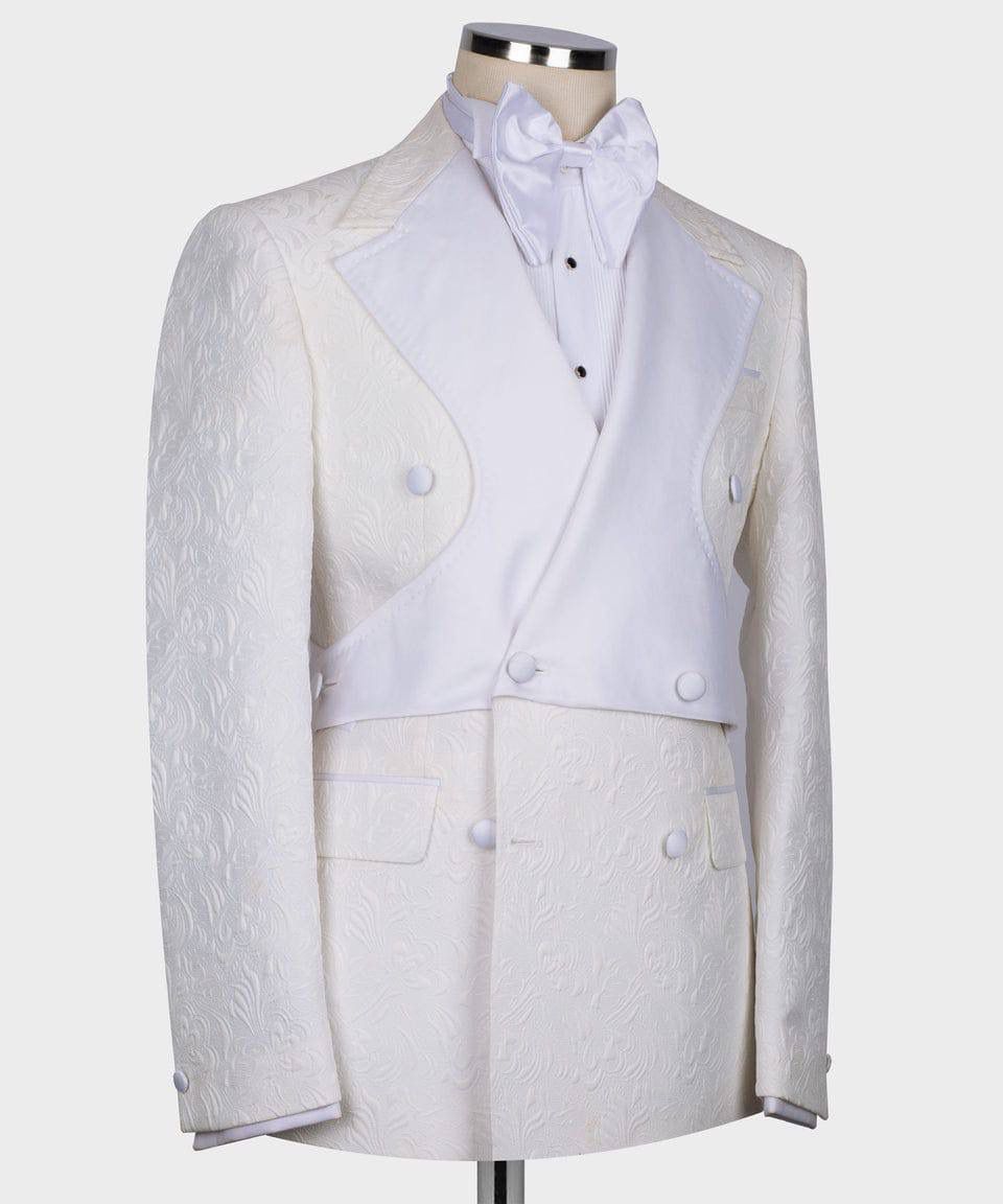 White tuxedo jacket and vest on a mannequin against a white background