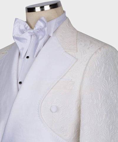 White tuxedo jacket with a bow tie on a mannequin against a white background