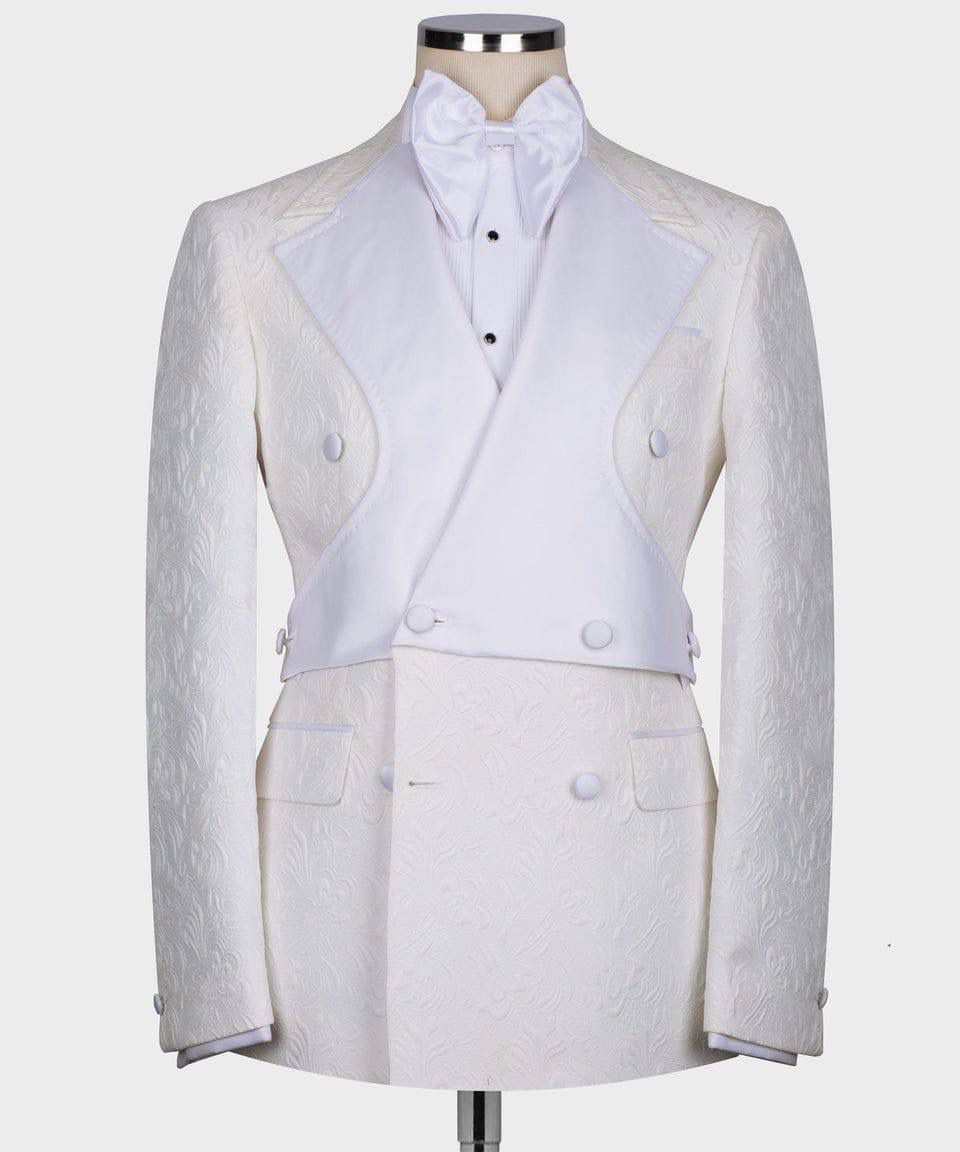 White tuxedo jacket with a white shirt and bow tie on a mannequin against a white background