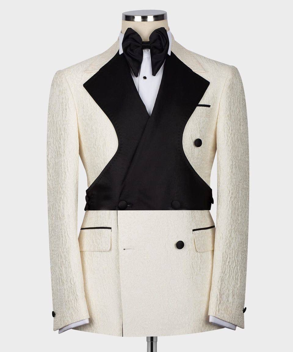 White tuxedo jacket with black lapels and vest 