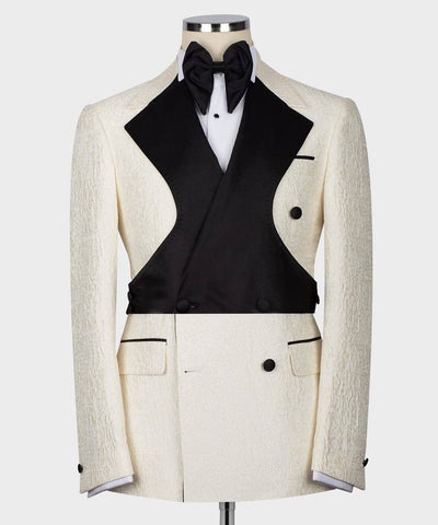 White tuxedo jacket with black lapels and vest 