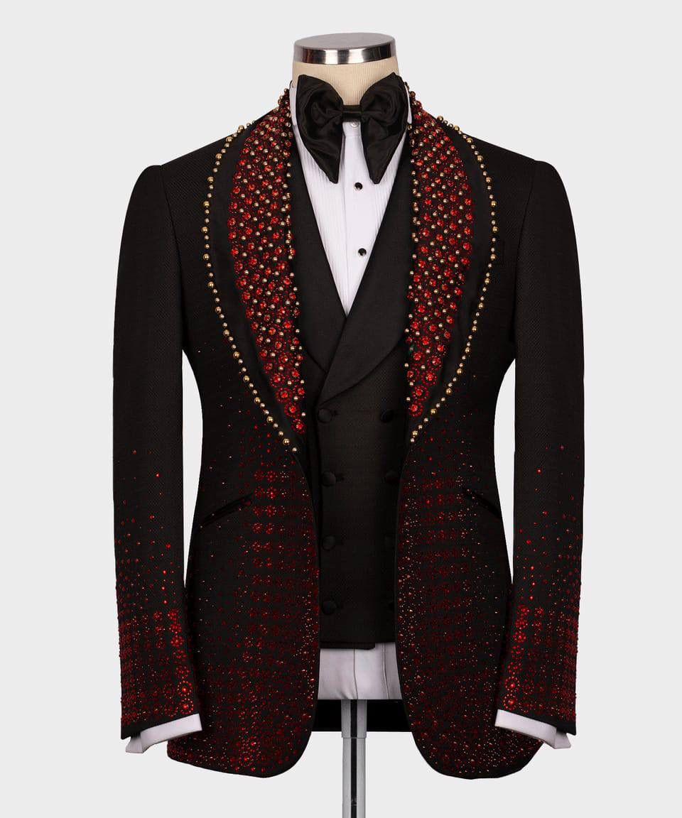majesty Boutique Black tuxedo with red embellishments suit